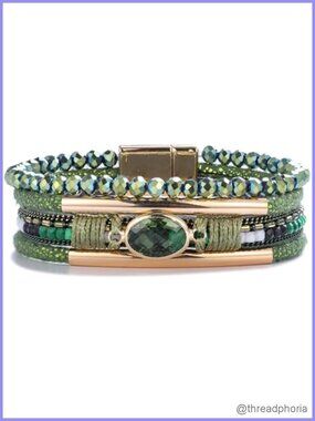 Crystal Beaded Leather Wrap Bracelet Boho Stackable Chunky Cuff Magnetic